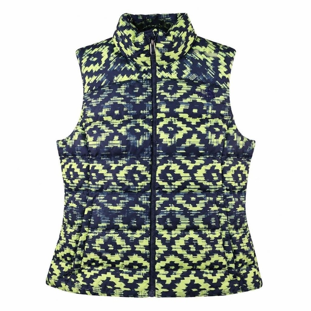 North Face Vest Womens L Nuptse 2 Green Down 700 Fill Full Zip Aztec Tribal
